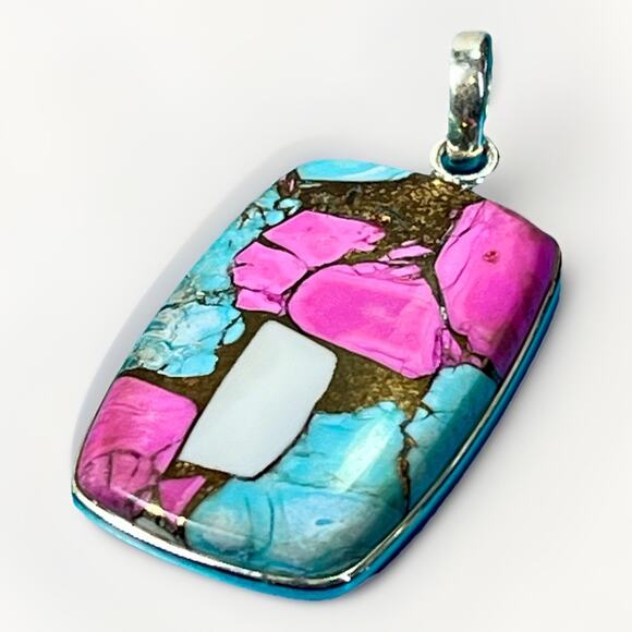 925 Sterling Silver COTTON CANDY Turquoise Cabochon Pendant Handmade Southwest - Picture 5 of 12